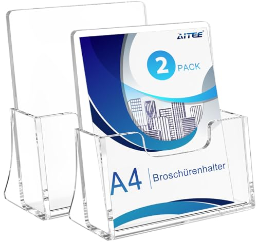 AITEE DIN A4 Tisch-Prospektständer: 2 Stück Acryl Transparenter Flyerständer Freistehende Prospekthalter für Counter Büro Restaurant Rezeption