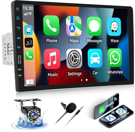 SIXWIN Wiewless CarPlay 1 DIN Radio Coche Bluetooth,9 Pulgadas Pantalla Táctil Estéreo Coche Manos Libres Radio FM con Android aotu Mirrorlink,Carga rápida,Bluetooth/USB/AUX/AUX-in+Cámara