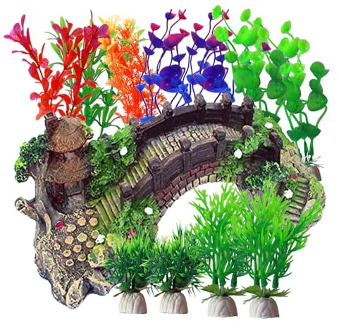 Kingrun Décoration pour aquarium avec plantes en résine et pont en arc, lot de 12 plantes en plastique pour aquarium et pavillon décoratif pour aquarium en forme de pont pour décoration de bac à