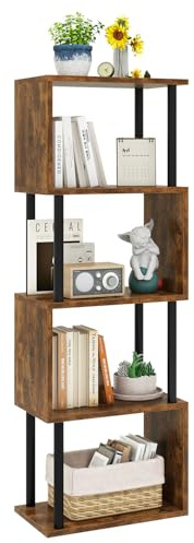 IBUYKE 5-Tier Tall Bookshelf,S-Shaped Geometric Bookcase, Wood Display Shelves with Storage,Industrial Bookshelf for Living Room Bedroom, Home Office, Rustic Brown WBC015H