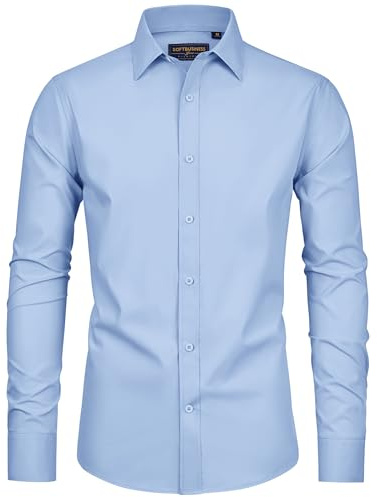 siliteelon Mens Shirts Long Sleeve Dress Formal Light Blue Shirts Stretch Wrinkle Free Work Business Casual Wedding Party Shirts L