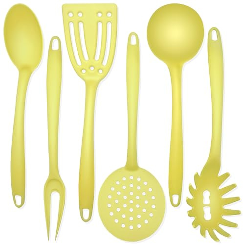 Set di 6 utensili da cucina in nylon – mestolo per zuppa, mestolo per spaghetti, schiumarola, cucchiaio da portata, forchetta grande, tornitore a fessura lunga, lavabile in lavastoviglie, con pratico