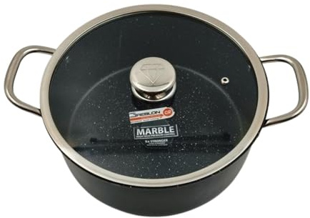 HAPISTUFF Non Stick Cookware Set - Granite Coating Pot and Pan Set - Glass Lid with Stainless Steel Handles for Kitchen - Grey (2PCS) (24cm Pot with Lid (4.2L))