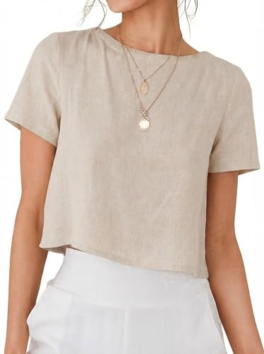 IDEALSANXUN Linen Shirts for Women 2026 Trendy Spring Summer Cute Crop Beach Short Sleeve Blouses Going Out Tops, Beige, M