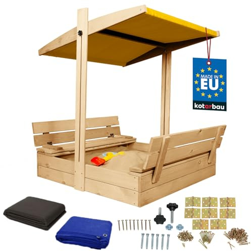 KOTARBAU® Arenero Infantil - Madera - 100 x 100 cm - Natural - Arenero con Tapa - y Bancos - con Techo Amarillo - Protección Solar - Cajón de Arena - Zona de Arena Infantil
