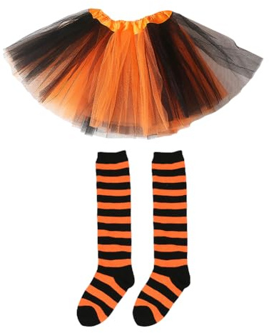 Kids Layered Tutu Skirt Princess Girls Elastic Mesh Tulle Dance Skirt Holiday Birthday Ballet Dress with Striped Tube Socks Black Orange
