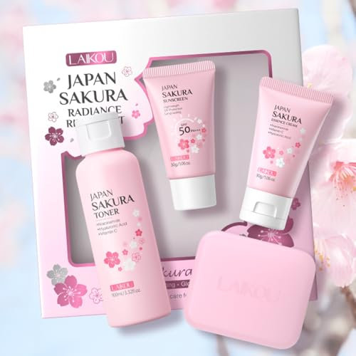 LAIKOU Kit per la Cura Della Pelle Sakura, 4 Pezzi Kit Protezione Solare da Viaggio, Glass Skin Set con Sapone Viso Crema Idratante Toner Protezione Solare SPF 50