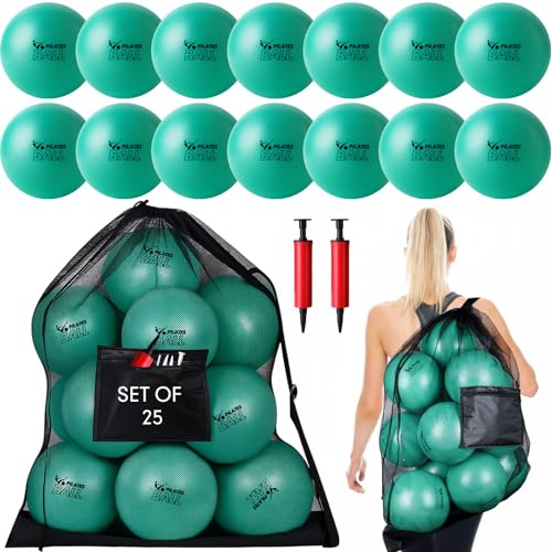 Motionchic Set of 25 Pilates Balls Bulk 9 Inch Small Exercise Ball for Yoga, Stability, Physical Therapy, Balance, Barre, ABS Core, Gym, Training, with Mesh Bag and Pump(Green)