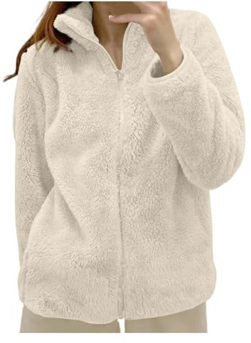 Fleece Jacket Women UK Warm Full Zip Coats Causal Solid Color Long Sleeve Soft Fluffy Jacket Elegant Lapel Cardigans Ladies Teddy Fleece Outwear Gifts for Daily Holiday