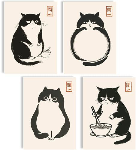 mojoliving Set di poster con gatti giapponesi, in bianco e nero, minimalista, stampa artistica, decorazione moderna, soggiorno, camera da letto