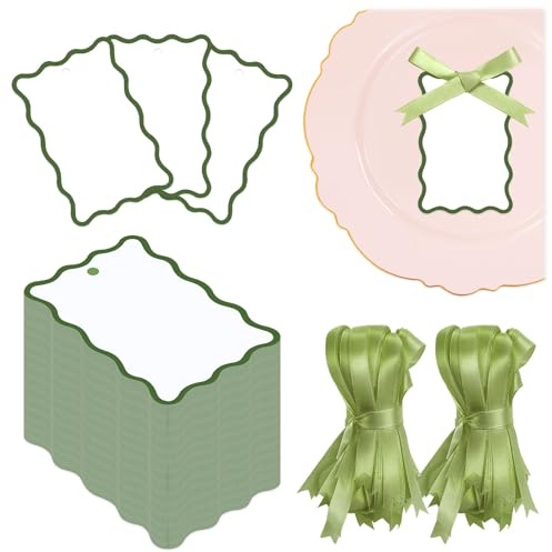 Modixun 150 tarjetas de lugar con nombre festoneado para mesa con 150 cintas de satén, etiquetas de regalo de papel en blanco con cuerda para bodas, cumpleaños, comida de bufé y fiestas, color verde