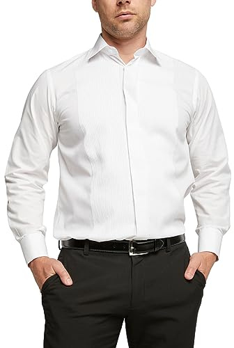 Double TWO - Men's Premium White Tuxedo Shirt - Ribbed Pique Front Dress Shirt for Men with Double Cuffs, Long Sleeves & Concealed Front Fastening