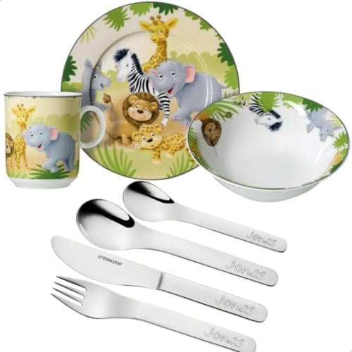 Sterngaf Kinderset Dschungel-Tiere 7tlg. MIT Gravur (z.B. Namen) personalisiertes Kinderbesteck + Kindergeschirr Tiere (Teller, Becher, Schale)