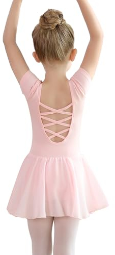 tanzdunsje Ballettkleidung Mädchen Damen-Kinder Ballettkleid Baumwolle,Balletttrikot Tanzkleid Tanzbody Kurzarm,Ballettrock mädchen mit Chiffon Tütü, Größe 110-170
