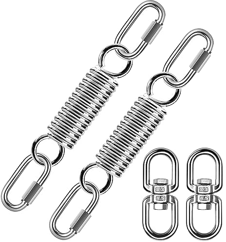 Hamaca colgante con muelle de acero, muelle de 360 °, con eslabón giratorio [juego de 2], 4 mosquetones, muelle para colgar sillón, suspensión hasta 250 kg para silla colgante, hamaca, soporte para