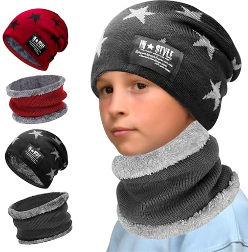 LYNBLY 4 Stück Kinder Wintermütze Schal Set, Kinder Winter Warm Beanie Mütze und Mütze Loop Schal Set, Schal Kinder Beanie, für 5-15 Jahre Alt Jungen Mädchen Wintermütze Halswärmer Strickset