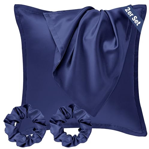 Seiwohl Satin Kissenbezug 80x80 2er Set, Weich wie Seidenkissenbezug Silk Pillowcase, Vegane Seide Kopfkissenbezug Kissenhülle Seidenkopfkissen für Haar und Haut mit 2 Haargummis, Dunkelblau