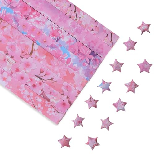 URROMA Origami Stars Paper, 400Pcs Cherry Blossom Themed Paper Star Strips for Handmade Arts Crafting Home Cards Gift Party and Crafts Decor, 8 Patterns