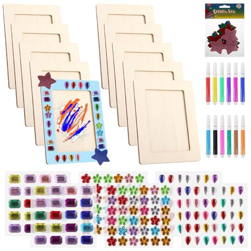 LOPYXBR 10PCS Wooden Frames for Craft, DIY Wooden Photo Frame 6x4 inch, Paint Your Own Picture Frame Kit with Glitter Stickers and Color Pens, Rectangular Frame for Gift DIY Paint Decorate