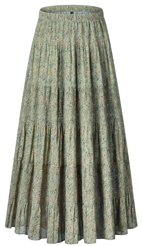 NASHALYLY Women's Chiffon Elastic High Waist Pleated A-Line Flared Maxi Skirts(Green Floral B,M)