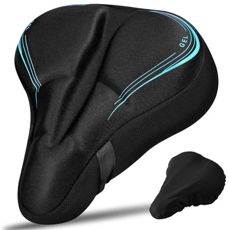 RIXOW Gel Sattelbezug Fahrrad, Fahrradsattel Überzug mit Sattelbezug Wasserdicht, 27.5 * 23.5cm Weicher Fahrradsitzbezug mit Reflektorstreifen, Sattelpolster für Ebike, Heimtrainer, Spinnen Bike, Blau