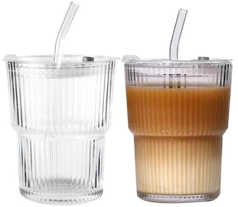 Lot de 2 gobelets en verre de 400 ml avec couvercle et paille, hermétiques et étanches, design étanche et hermétique, pour café, voyage, latte, thé, lait, jus