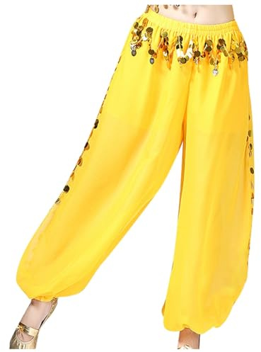 Generisch Eleganti pantaloni da danza del ventre da donna in chiffon con fessura e gamba larga, pantaloni da danza con paillettes snowboard, protezioni da donna, giallo., Taglia unica
