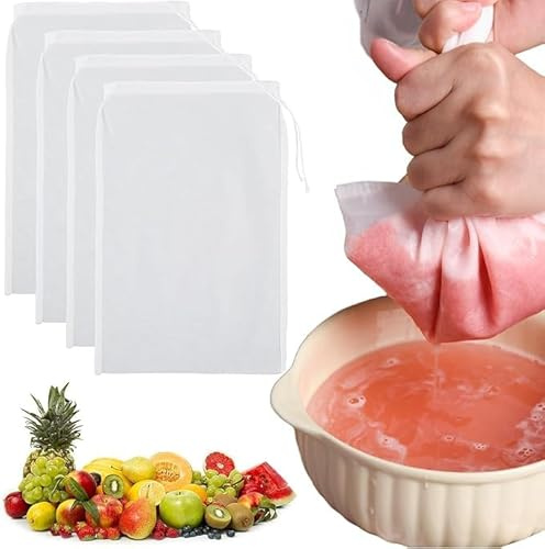 4 Packung Nussmilchbeutel Wiederverwendbare Feinmaschiges Sieb für Entsaften Nussbeutel Lebensmittelsieb Käsetuchbeutel zum Passieren von Saft Kaffee Joghurt Tee Milch Mandel Soja Feinmaschige Filter