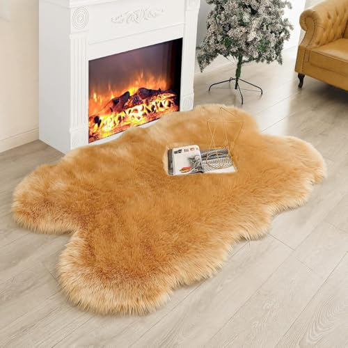JXLOULAN Soft Flully Faux Fur Area Rugs Light brown 120 x 160 cm Sheepskin Rug for Bedrooms Floor Living Room Kids Rooms Decor