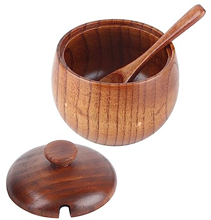Rankomu Botella de Especias de Madera Maciza con Tapa y Cuchara - Recipiente de Almacenamiento Natural para Especias, Azúcar, Sal - Utensilio de Cocina Decorativo de Diseño Escandinavo (8x9cm)