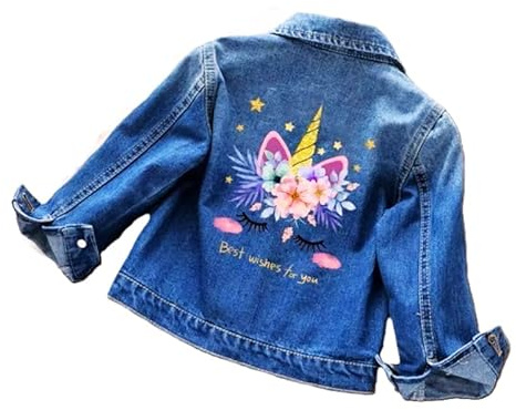 OrJana Giacca di Jeans per Bambina con Unicorno, Blu Denim, Decorata con Fiori e Stelle, Design Magico con Ricami Arcobaleno (IT, età, 18 Mesi, 24 Mesi, Style 1)