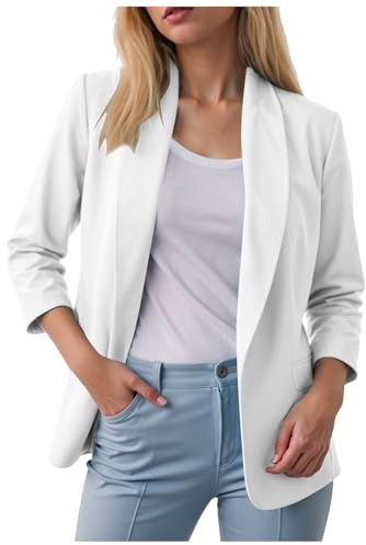 Blazer Casuales Manga Mujer Larga Solapa Ligeros Botones Fina Chaqueta Mujer Entretiempo Trabajo Elegante Blazer Slim Fit Frente Abierto Manga Larga Trabajo Oficina Boda Invitada (White #1, XXL)