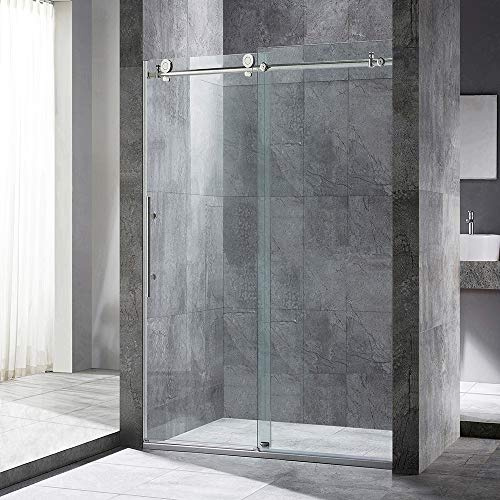 WOODBRIDGE 44-48Wx76H Frameless Shower Door,3/8(10mm)Clear Tempered Glass with Explosion-Proof Film, Brushed Nickel Finish with Smooth Closing Design