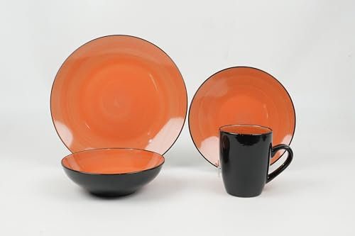 HomeVss Sonoma 16 Piece Stoneware Dinner Set, Outside Black + Inside Handpainted Color Orange with speckle