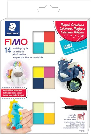 STAEDTLER FIMO Soft Polymer Clay Set: Magical Creatures, 12 Half Blocks, Sculpting Tool and Marker - Oven Bake Modeling Clay, Non-Toxic, Arts and Crafts for Beginners
