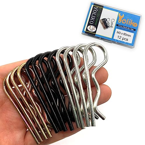 Yoliko 12 perni di traino resistenti in 3 colori, clip R clip a molla per capelli a molla, forte tensione a molla, grande perno per carrelli per rimorchi, trattori, carrelli, camion, perno M3 x 60 mm