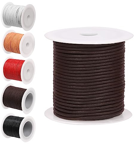 Glarks Cordón de cuero redondo de 11 yardas x 2 mm, cordón de cuero de joyería suave y liso para hacer collares y pulseras, embalaje, enhebrado de cuentas y reemplazo de cordones (marrón oscuro)