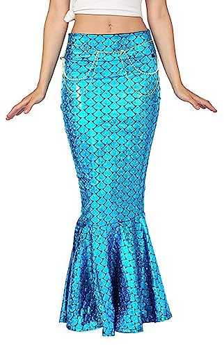 Costume de queue de sirène brillante pour adulte - Jupe longue à paillettes métalliques avec chaîne de perles - Déguisement pour Halloween et costumade (A-c-bleu, taille S)