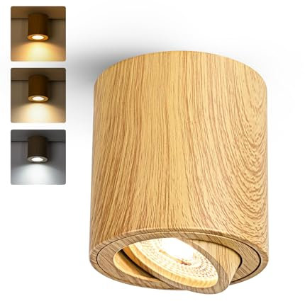 Gleonlux Spots de Plafond Dimmable Vintage Bois, LED Spot en Saillie Orientable, 5W Blanc Chaud 3000K/ Blanc Neutre 4000K/ Blanc Froid 6000K, Plafonnier Spot Douille GU10, Aluminium Rond