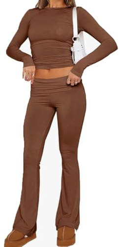 ABINGOO Tuta da Donna Casual 2 Pezzi a Maniche Lunghe Aderente Crop Top Svasati a Vita Bassa Pantaloni Lounge Set Yoga Tuta(Marrone,M)