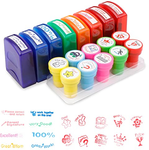 IBEQUEM 18Pcs Teacher & School Supplies Stamps for Kids, Colorful Reward Stamps