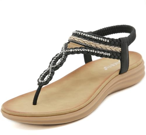 ZDQ Sandals Womens Summer Casual Flat Bohemian Slip-on Sandals with Elastic Ankle Strap
