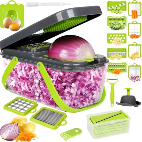 FoiiLiio 20 in1 Mandolina per Verdure Professionale, Multifunzione Portabilità Affetta Verdure con 12 Lame in Inox, Tagliaverdure Manuale Frutta Cipolla Carote Patate Cubetti Grattugia -Grigio