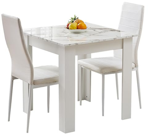 Rainbow Tree Modern 3 Piece Dining Room Table and Chairs Set, Wooden Square Table with 2 Chairs for Small Space Apartment Space Saving (White Marble Table+2 White PU Chair)