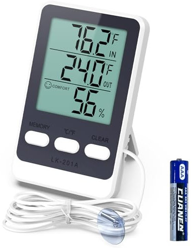 OQIMAX Thermomètre Frigo, Thermometre Digital pour Réfrigérateur, Thermometre Congelateur avec Sonde Étanche de 1.5M, MIN/MAX, Thermomètre Hygromètre pour Aquarium, Serre, Labour
