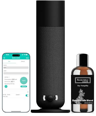 Smart Waterless Essential Oil Diffuser, Scent Air Machine for Home, Aromatherapy Scent Diffuser with Roy Tranquility Oil, Covers Up to 1000 Sq.Ft, Quiet Cold-Air Tech Machine for Hotel, Spa (Black)