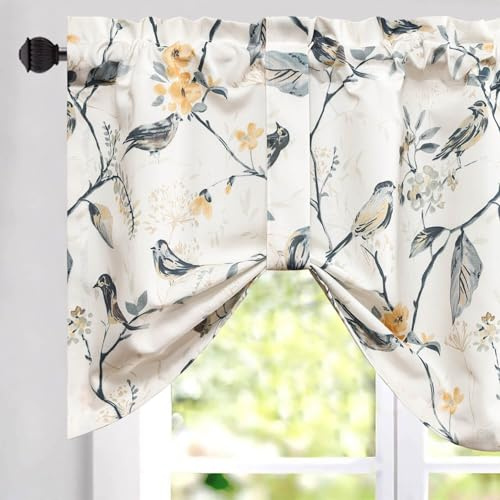 VOGOL Tie UP Curtain Valance, Adjustable Farmhouse Flower and Bird Short Cafe Curtains for Small Windows, Rustic Linen Textured Durable Valance for Kitchen, 52×18, 1 Panel