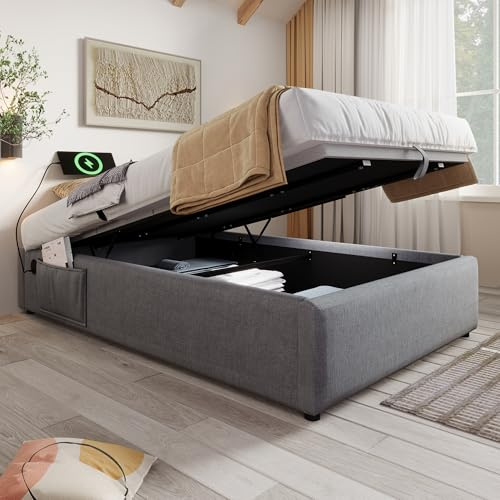 Bett 90x200 cm mit USB Type-C-Ladefunktion, Polsterbett mit Hydraulischer Stauraum und Vollflächiger Lattenrost, Ohne Kopfteil, Hydraulisch Einzelbett Stauraumbett, Baumwolle, ohne Matratze, Grau