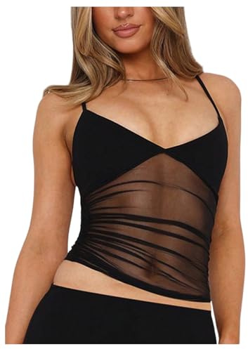 RoseSeek Women's Sheer Mesh Camisole Tops Ruched V Neck Spaghetti Strap Crop Tank Top Black Large