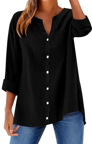 Rapbin Damblus, elegant bomull, V-ringad skjortblus, långärmad button down, lös långärmad skjorta, enfärgade toppar, blusskjorta, svart, M